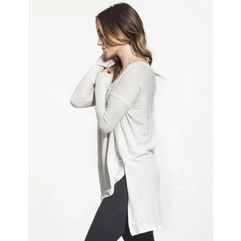 Free People‎ Sz S Ventura Pullover Beige Thermal Waffle Loose Cozy Soft Lounge